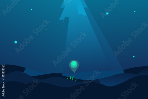 Deep underwater at night, a vibrant blue world illuminates with the distant light of the moon and stars, revealing an abstract marine illustration