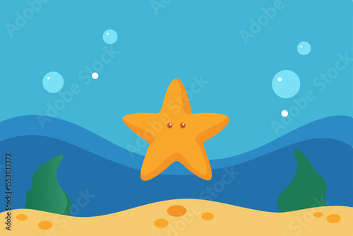 A vibrant vector illustration of a starfish on a summer beach with abstract ocean waves
