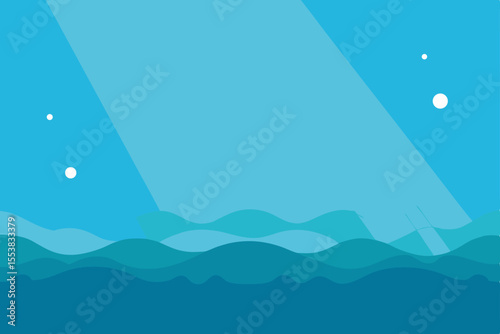 A vibrant vector illustration captures a tropical island scene with a blue sky, boat on the calm sea, and an underwater world teeming with fish