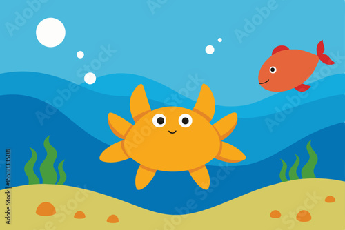 Cartoon marine life set: seamless vector illustration of tropical fish and baby animals swimming in the ocean
