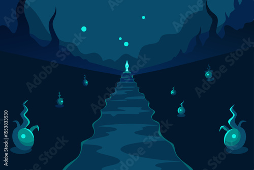 Blue Christmas tree under the deep night sea with stars and light