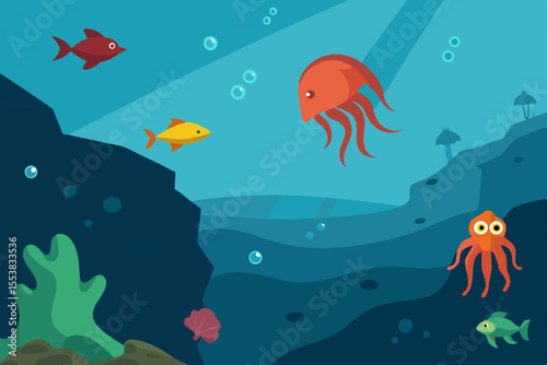 Seamless cartoon coral reef with tropical marine animals pattern design set