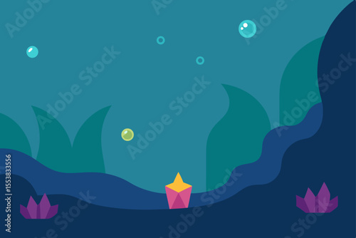 Abstract vector illustration of a serene ocean landscape with a candle flickering on the water, reflecting the calm sky and summer sun