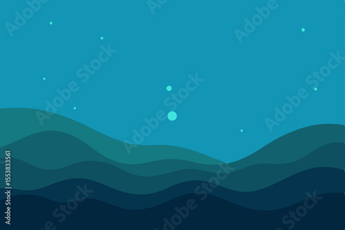 Abstract vector illustration of a deep blue ocean background with light rays, sun, and flowing water waves and bubbles