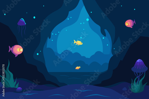 Underwater sea life at night with a blue ocean, moon, and star-filled sky