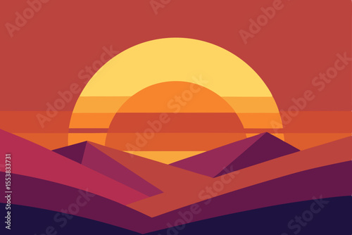 An orange vector illustration depicts a desert landscape at sunset, featuring mountains, a clear sky, and the distant sun