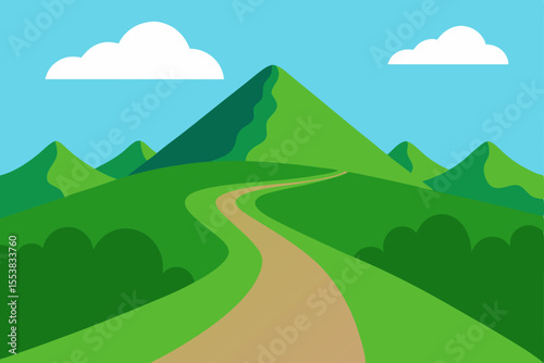 Vector cartoon illustration of a summer mountain landscape with a winding road, green grass, blue sky, and white clouds