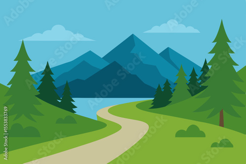 A panoramic summer road winds through green mountain valleys under a clear sky with distant snowy peaks