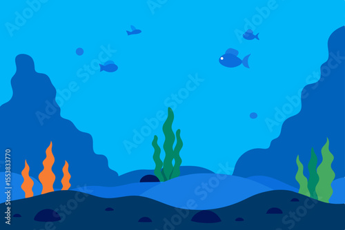 Deep blue underwater world with sun rays illuminating a vibrant coral reef, teeming with tropical fish