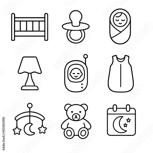 Baby Sleep Essentials Icons. Outline style icons of baby sleep time: baby crib, pacifier, swaddle blanket, night lamp, baby