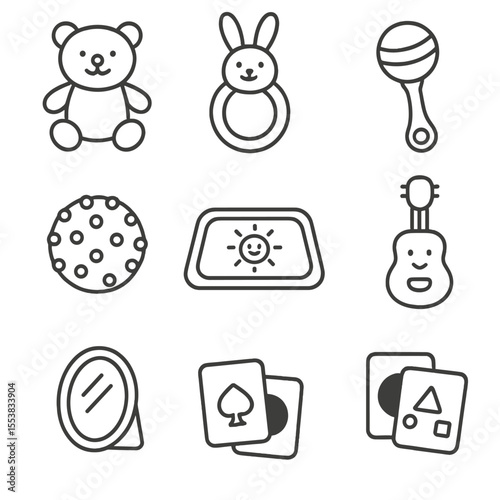 Baby Development Toys Icons. Outline style icons of Baby Development Toys: soft plush toy, teething ring, baby rattle, stacking
