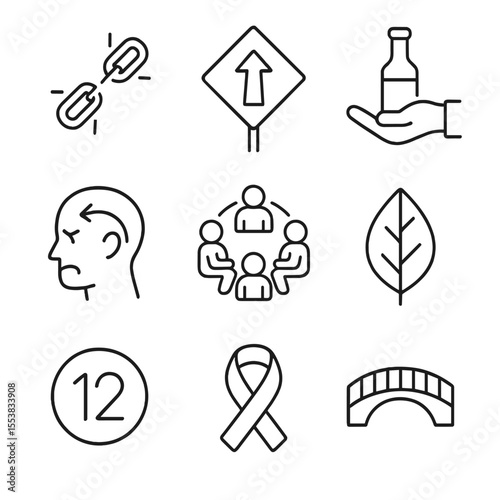 Addiction Recovery Icons. Outline style icons of Addiction and Recovery: broken chain, recovery road sign, helping hand with