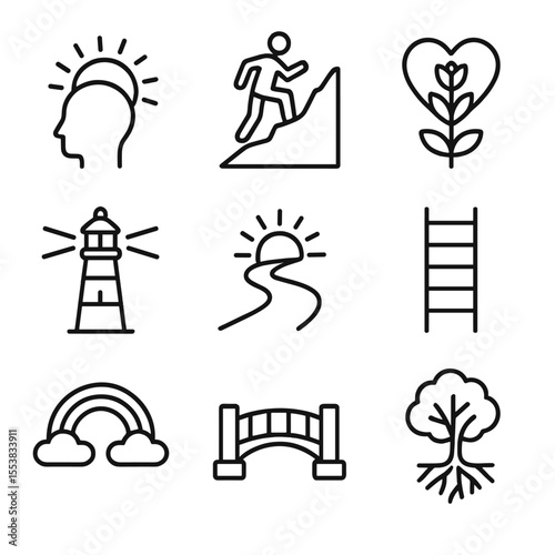 Icons of Hope. Outline style icons of Hope and Recovery: rising sun behind head, climbing figure, heart in bloom, guiding light,