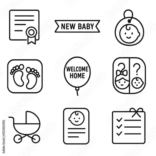 Baby Announcement Icons. Outline style icons of Baby Announcements: birth certificate icon, “new baby” banner, baby name tag,
