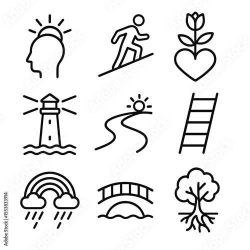Icons of Hope. Outline style icons of Hope and Recovery: rising sun behind head, climbing figure, heart in bloom, guiding light,