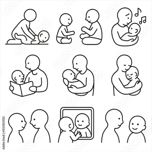 Baby Bonding Icons. Outline style icons of baby bonding: baby massage, face-to-face play, singing lullabies, shared story time,