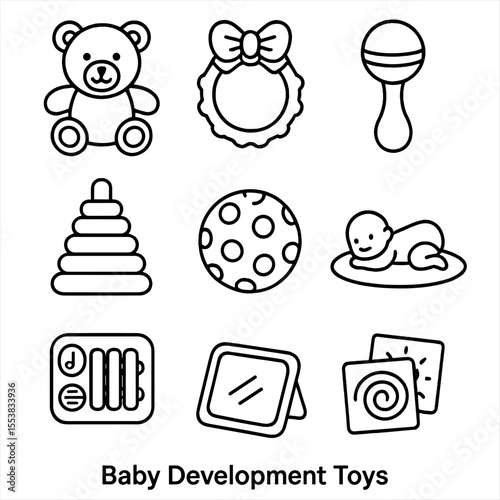Baby Development Toys Icons. Outline style icons of Baby Development Toys: soft plush toy, teething ring, baby rattle, stacking