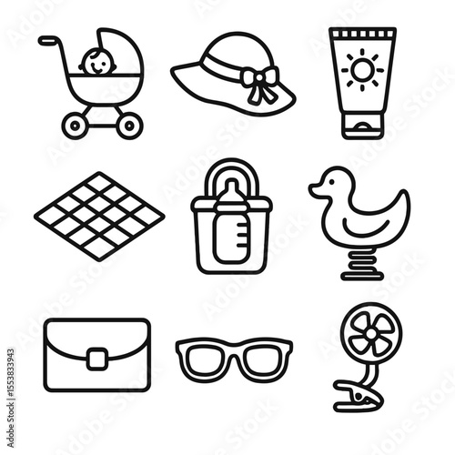 Baby Outing Essentials Icons. Outline style icons of baby outings: baby in stroller, sunhat, sunscreen tube, picnic blanket, baby