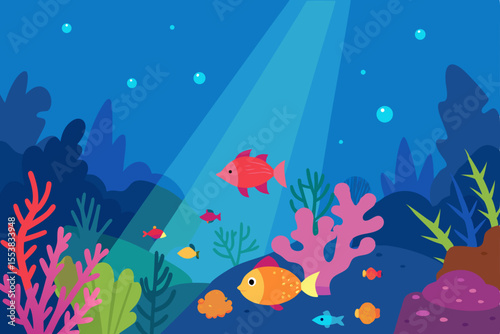 Underwater world with tropical fish in an aquarium, a vibrant marine life illustration