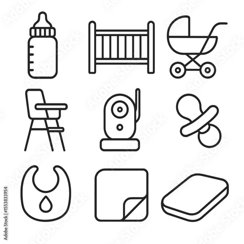 Baby Care Icons. Outline style icons of baby care items: baby bottle, crib, stroller, high chair, baby monitor, pacifier, bib,