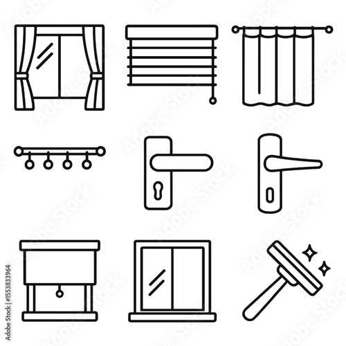 Window Accessory Icons. Outline style icons of window and curtain: open curtain, blinds, drapes, curtain rod, window lock, window