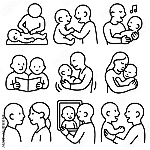 Baby Bonding Icons. Outline style icons of baby bonding: baby massage, face-to-face play, singing lullabies, shared story time,