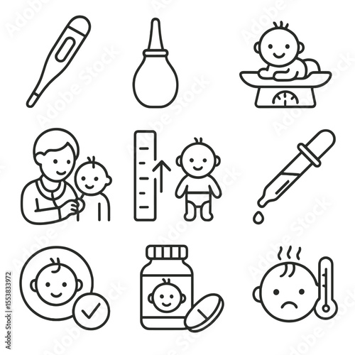 Baby Wellness Icons. Outline style icons of baby health and wellness: thermometer, nasal aspirator, baby scale, pediatric visit,