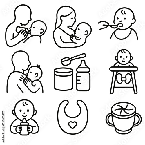 Baby Feeding Icons. Outline style icons of baby feeding activities: bottle feeding, breastfeeding, spoon feeding, baby burping,