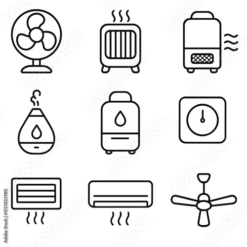 Climate Control Icons. Outline style icons of air and climate: fan, heater, air purifier, humidifier, dehumidifier, thermostat,