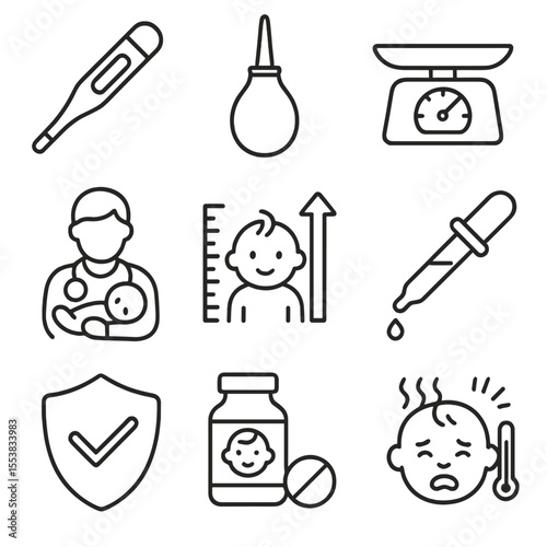 Baby Wellness Icons. Outline style icons of baby health and wellness: thermometer, nasal aspirator, baby scale, pediatric visit,