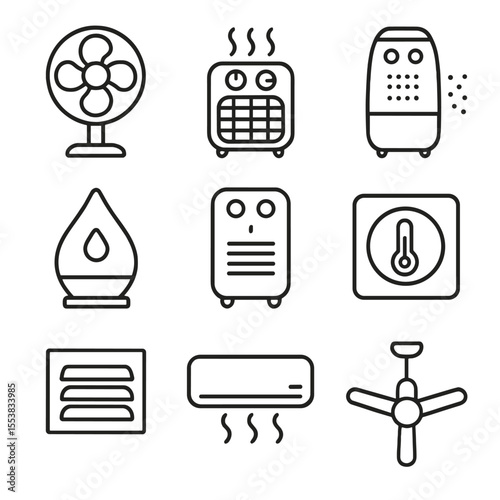 Climate Control Icons. Outline style icons of air and climate: fan, heater, air purifier, humidifier, dehumidifier, thermostat,