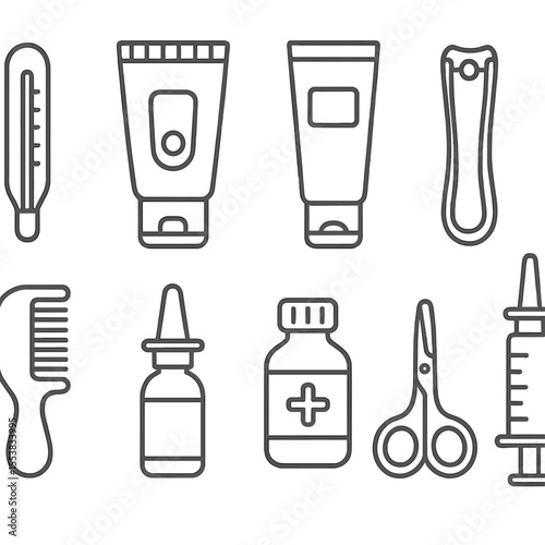 Baby Care Icons. Outline style icons of baby care tools: thermometer, lotion, rash cream, nail clipper, baby comb, nasal spray,