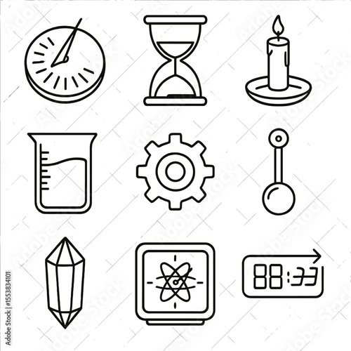 Timekeeping Evolution Icons. Outline style icons of time zone history: sundial, hourglass, candle clock, water clock, mechanical