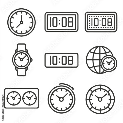 Time Zone Icons. Outline style icons of time zone display: clock face, digital panel, LED screen, watch dial, time strip, globe