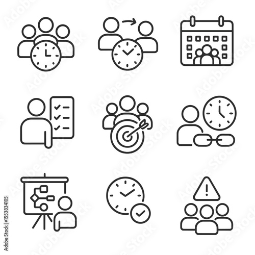 Time Management Icons. Outline style icons of time targeting collaboration: team clock, sync meeting, shared calendar, task assign