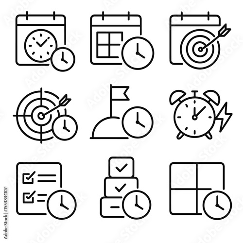 Time Strategy Icons. Outline style icons of time targeting strategies: daily goal, weekly plan, monthly target, yearly milestone,