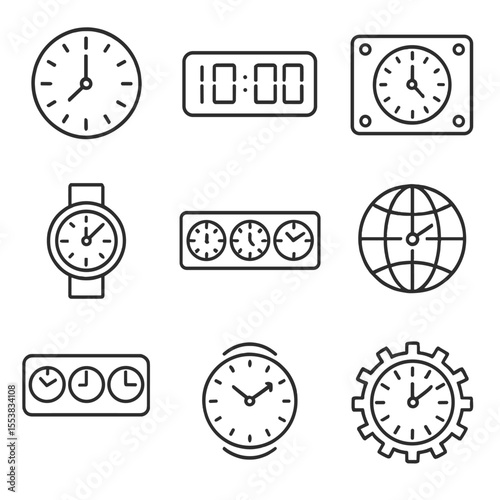 Time Zone Icons. Outline style icons of time zone display: clock face, digital panel, LED screen, watch dial, time strip, globe