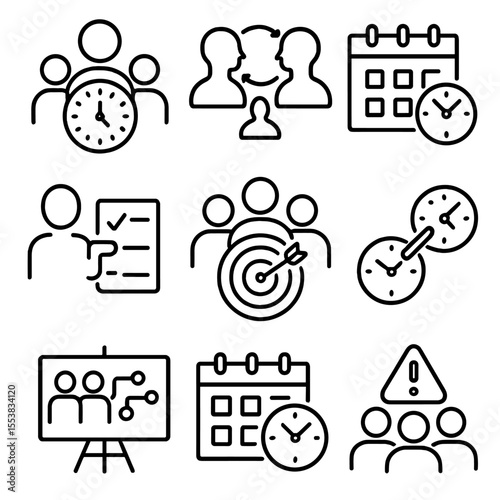 Time Management Icons. Outline style icons of time targeting collaboration: team clock, sync meeting, shared calendar, task assign