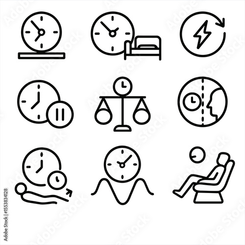 Outline Time Icons. Outline style icons of time targeting balance: work-life clock, rest break, energy cycle, task pause, balance