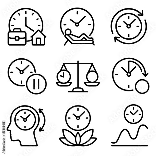 Outline Time Icons. Outline style icons of time targeting balance: work-life clock, rest break, energy cycle, task pause, balance