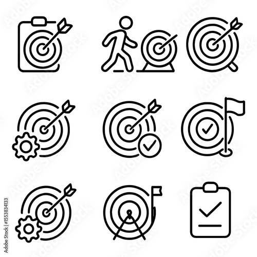 Time Management Icons. Outline style icons of time targeting phases: planning stage, execution step, review point, adjustment