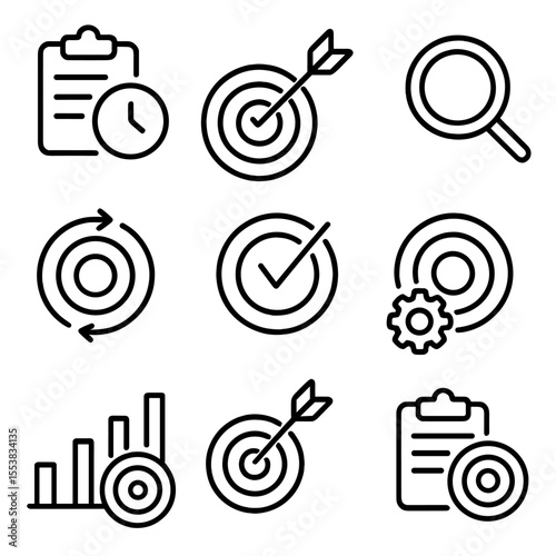 Time Management Icons. Outline style icons of time targeting phases: planning stage, execution step, review point, adjustment