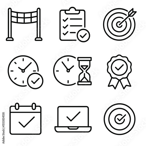 Time Closure Icons. Outline style icons of time targeting closure: finish line, task done, goal check, time end, success seal,