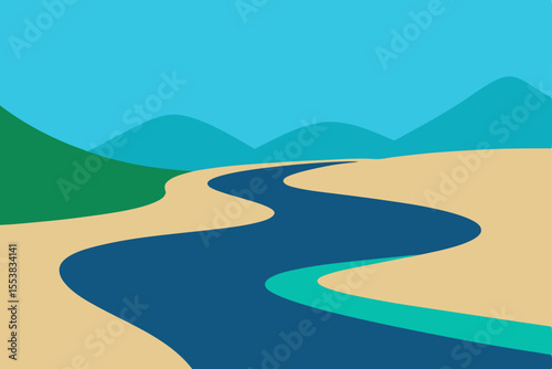 Mountain roads wind through diverse landscapes, from green hills to desert sands and summer meadows, offering scenic routes to the sea under an expansive sky with clouds reflecting on the water