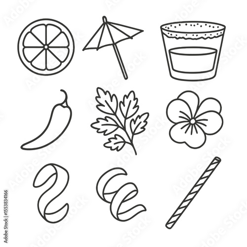 Cocktail Garnishes Icons. Outline style icons of Cocktail Garnishes: orange wheel, cocktail umbrella, salt rim, sugared rim, chili