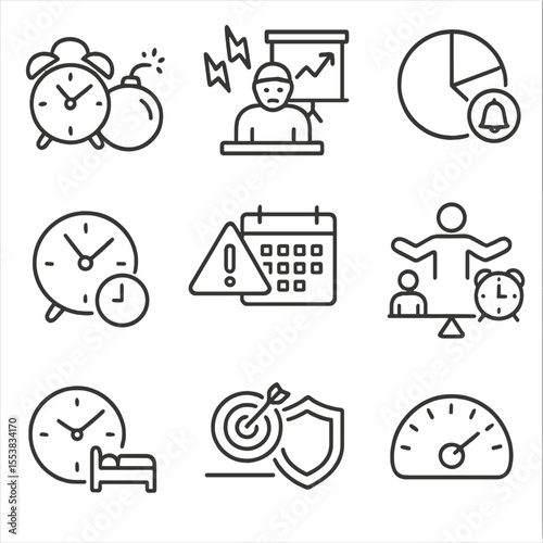 Productivity vs Safety Icons. Outline style icons of Productivity Time vs Safety Icons: stress time bomb, burnout alert chart,