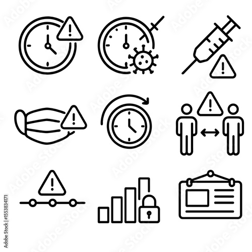 Public Health Alert Icons. Outline style icons of Public Health Alerts by Time: alert clock, virus outbreak timer, vaccine time