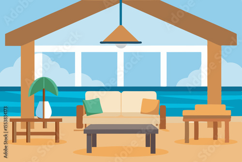 Luxury interior of a tropical beach resort hotel room with comfortable lounge furniture, a stylish sofa, and an armchair by the window, offering a serene, light-filled design