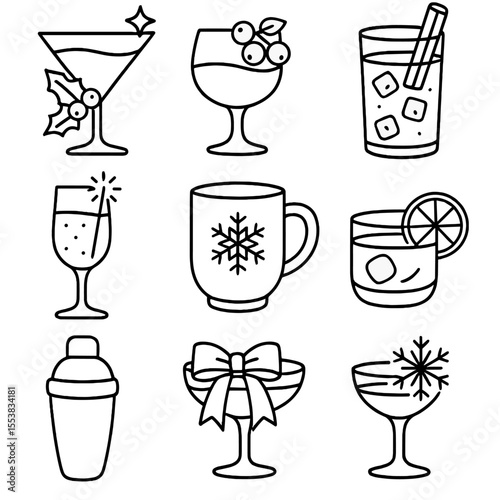 Festive Cocktail Icons. Outline style icons of Festive Cocktails: holiday cocktail, cranberry garnish, cinnamon stick drink,