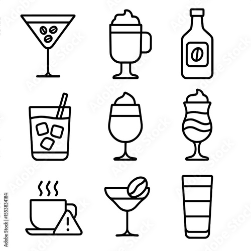 Coffee Cocktail Icons. Outline style icons of Coffee Cocktails: espresso martini, Irish coffee, coffee liqueur bottle, chilled